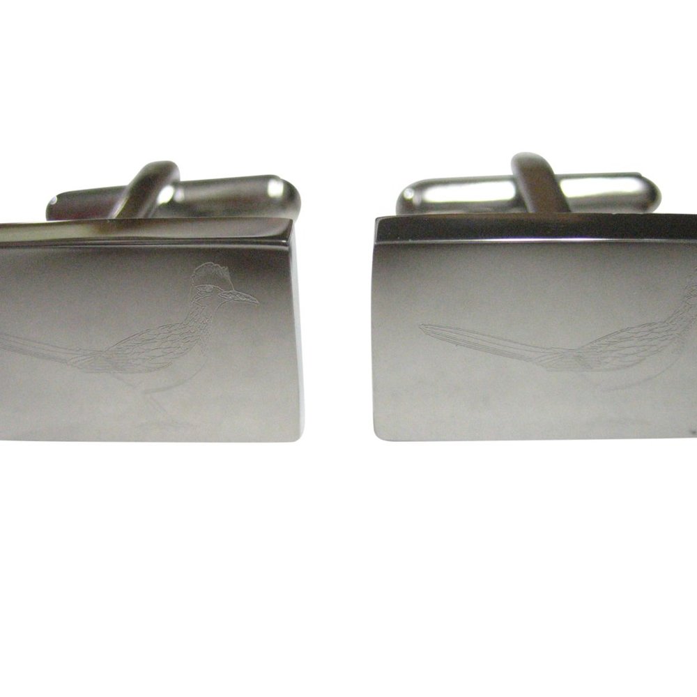 Silver Toned Rectangular Etched Roadrunner Bird Cufflinks